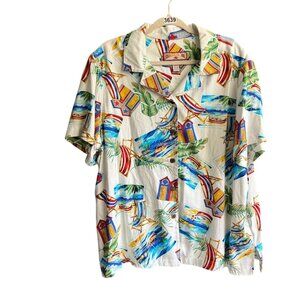 Caribbean Joe Short Sleeve Printed Hawaiian Button Front Shirt Top Women 2X